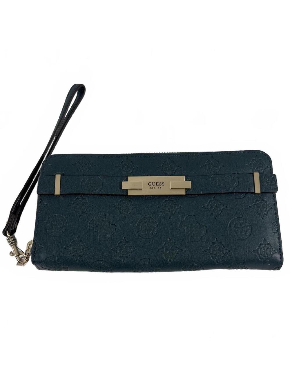 Guess Bea Embossed Dark Green Leather Wallet Wristlet